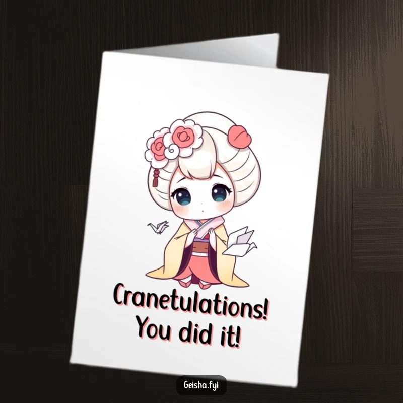 Funny Free Printable Congrats Card: Geisha's wide-eyed surprise at a small origami crane, perfect for congratulating someone humorously.