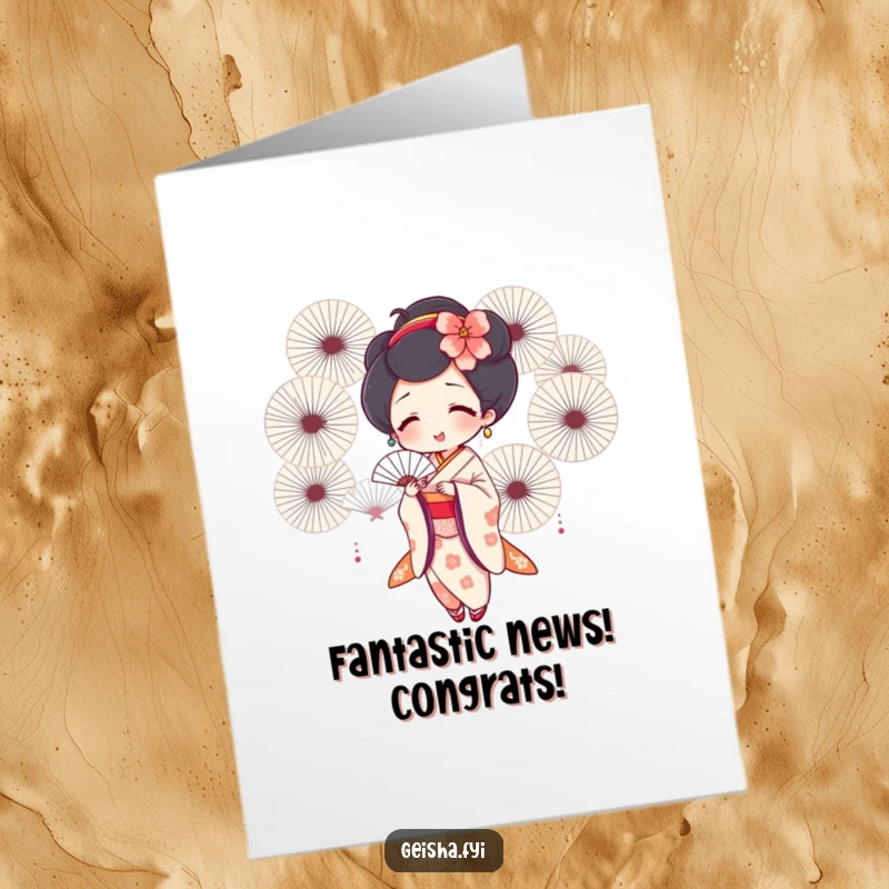 Funny Free Printable Congratulations Card: A geisha character gleefully fanning herself with multiple decorative fans. Joyful downloadable art.