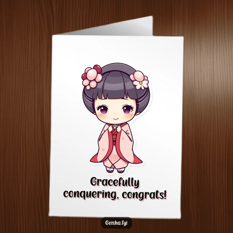 Free printable congratulations card showing a geisha bowing with a cheerful expression, suitable for celebrating any success with elegance.