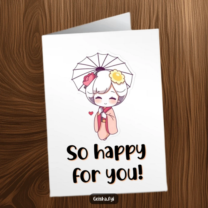 Funny Free Printable Congratulations Card: Geisha character with a rosy blush giggling behind an umbrella, celebrating joyfully.