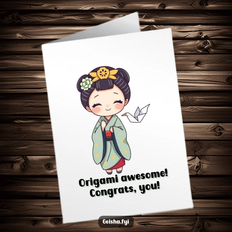 Funny Free Printable congratulations card with a playful geisha balancing a tiny origami crane, symbolizing delicate achievements and good fortune.