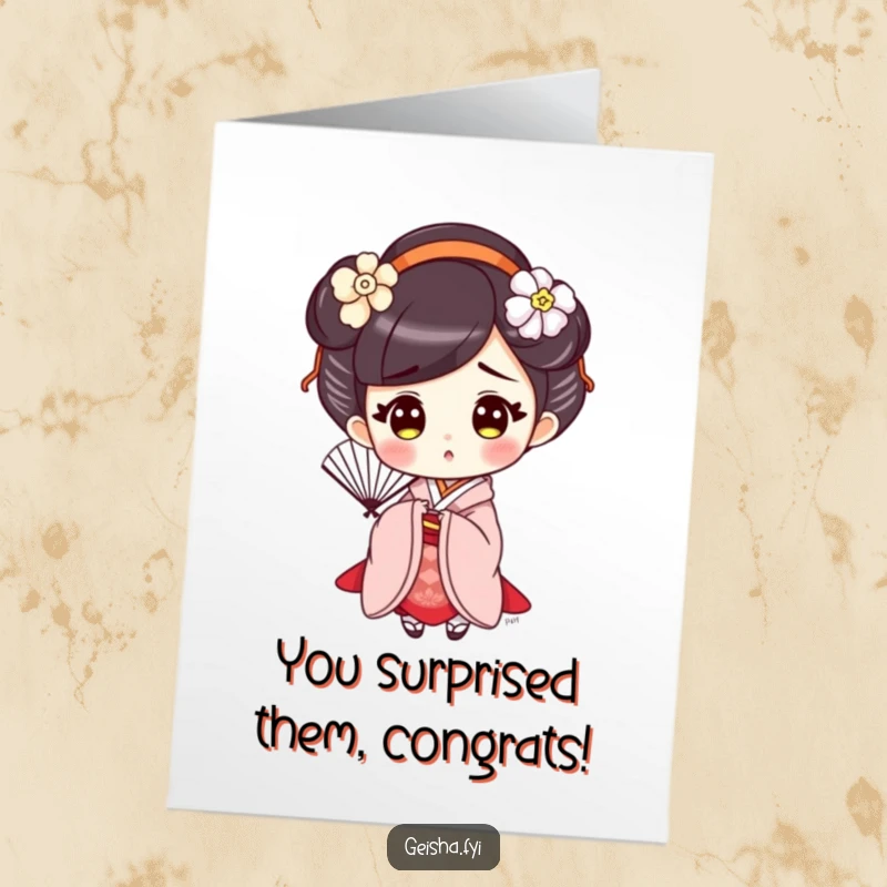 Free printable congratulations card: a cute geisha holds a fan with a very surprised facial expression.