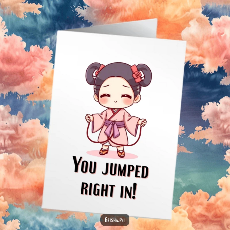 Funny Free Printable Congratulations Card: Mischievous Geisha Obi character humorously serving as a jump rope, celebrating accomplishment.