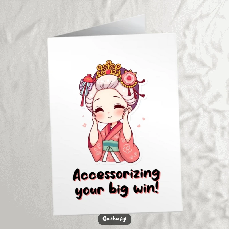 Funny Free Printable Geisha Congratulations Card: geisha adjusts her ornate hair accessory with a smile, celebrating achievements. Great DIY gift.