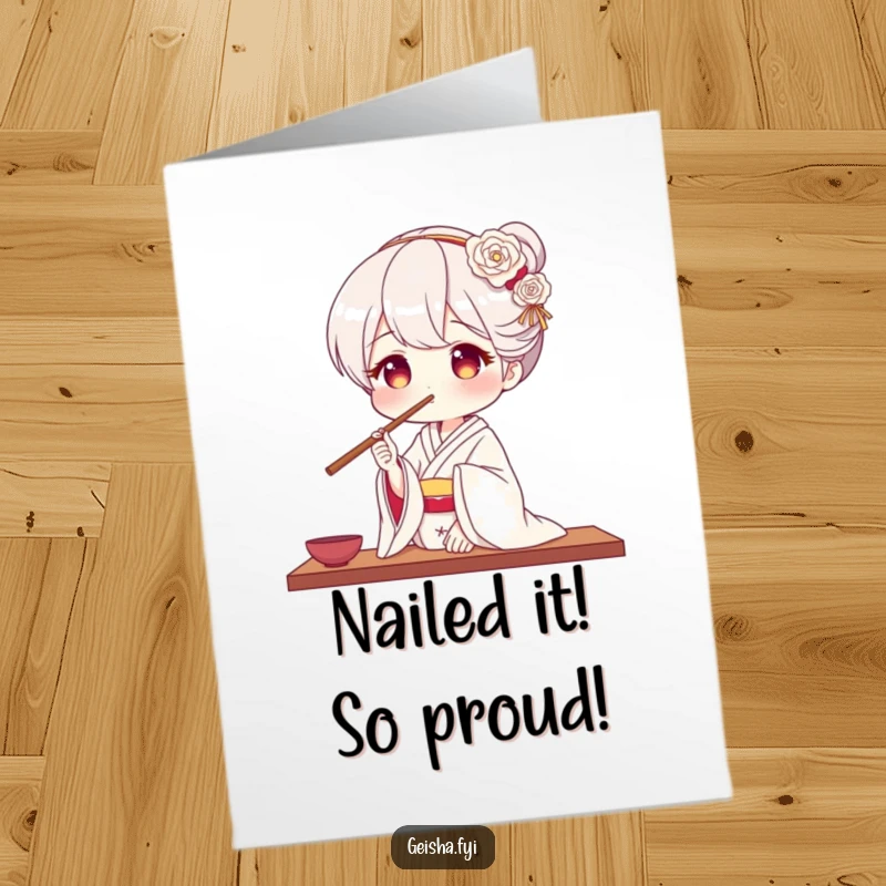 Funny Free Printable Congratulations Card: A geisha character demonstrating impressive, playful balance with chopsticks on her nose. Downloadable humor.