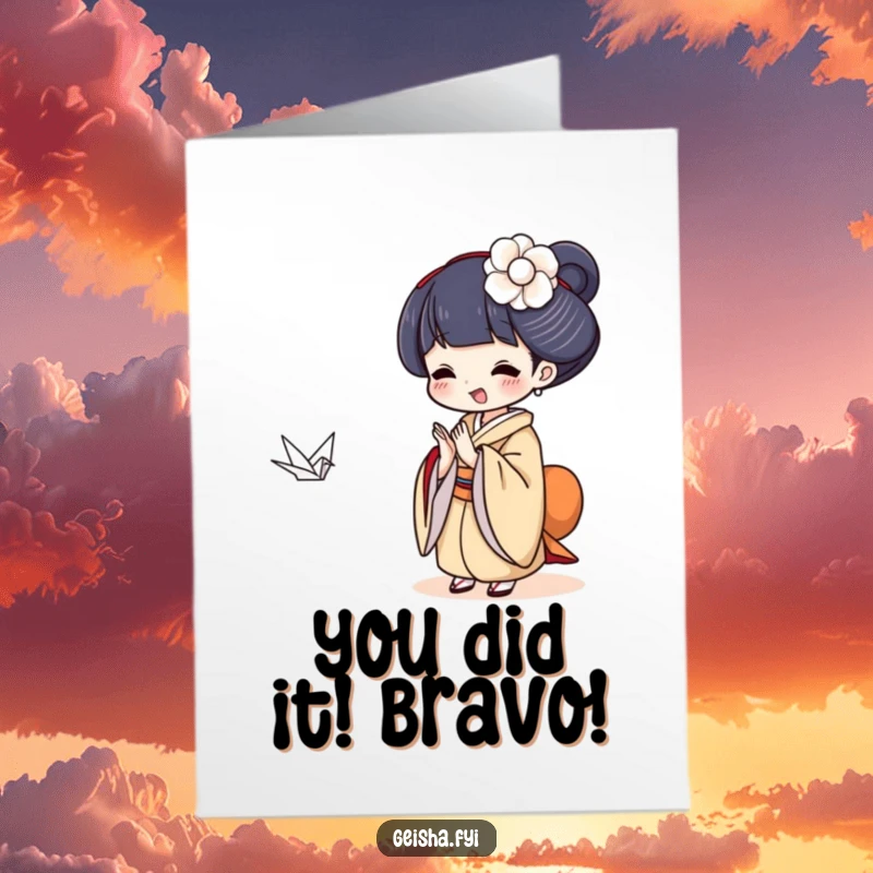 Funny Free Printable Geisha Congratulations Card, clapping joyfully at a small paper crane, celebratory downloadable art.