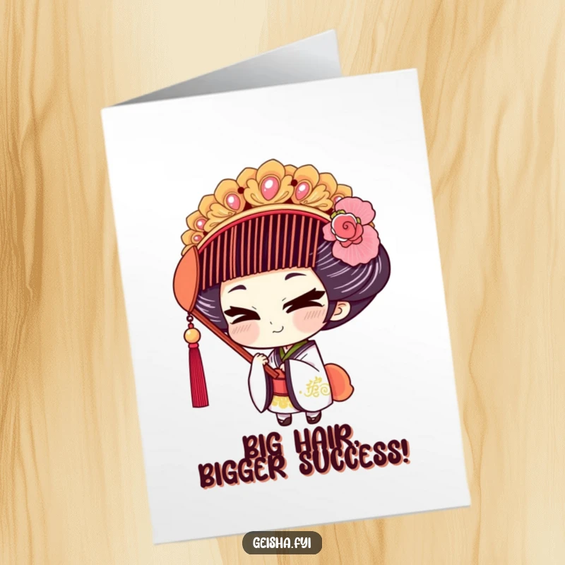 Funny Free Printable Geisha Congratulations Card: A geisha playfully tries on a large, ornate comb with a mischievous smile.