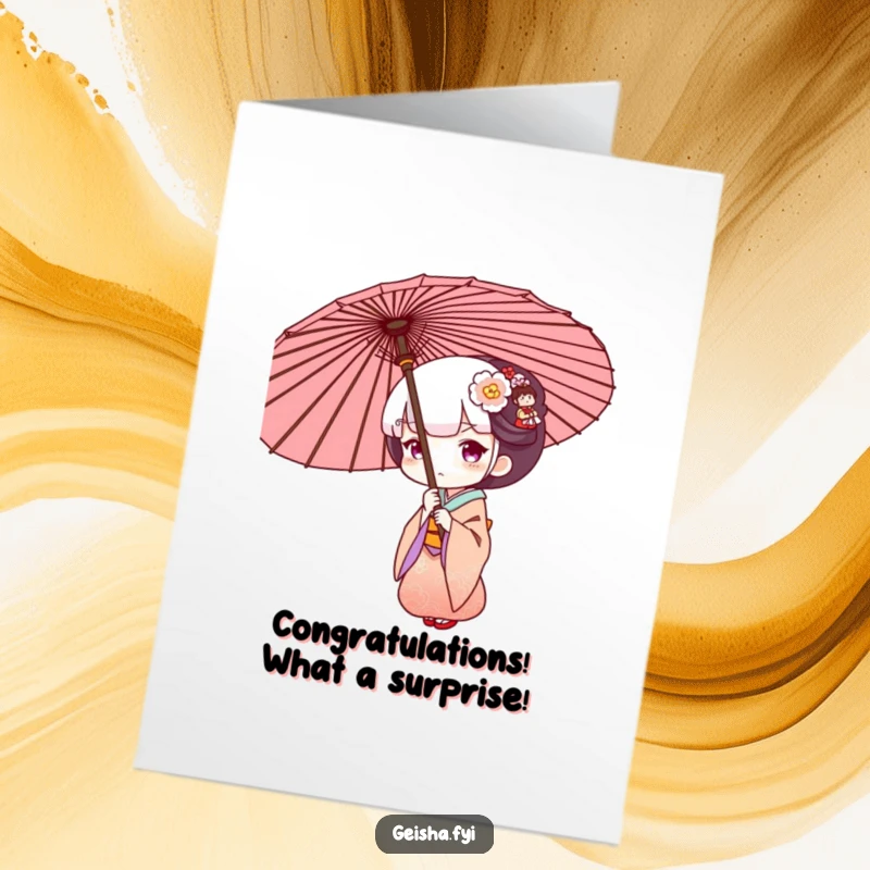 Funny Free Printable Geisha Congratulations Card, peeking curiously from behind an umbrella, celebratory downloadable art.