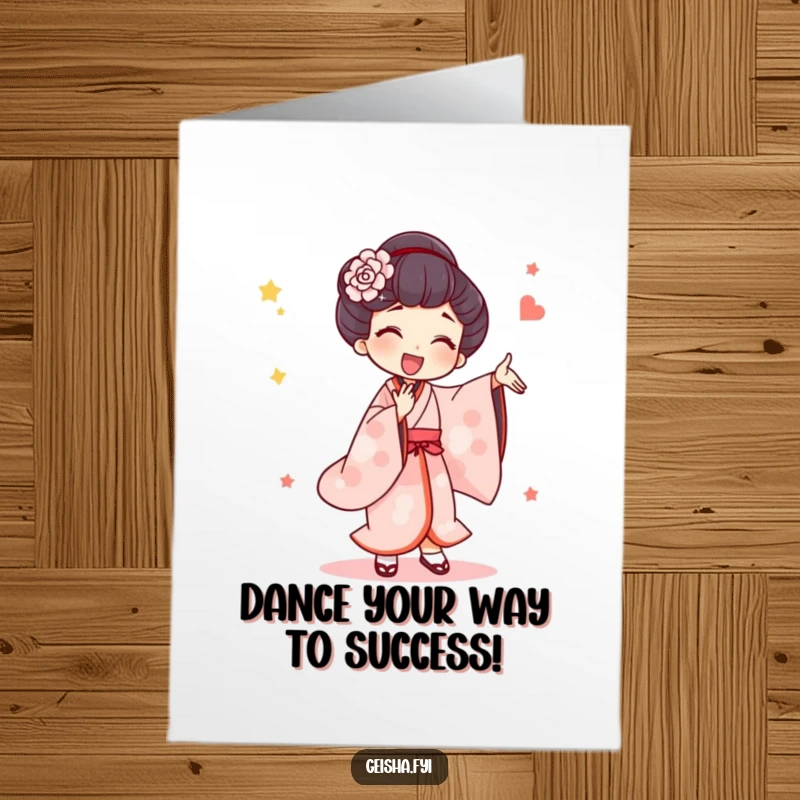 Funny Free Printable Congratulations Card: A geisha character performs an exuberant dance, celebrating your wonderful news.