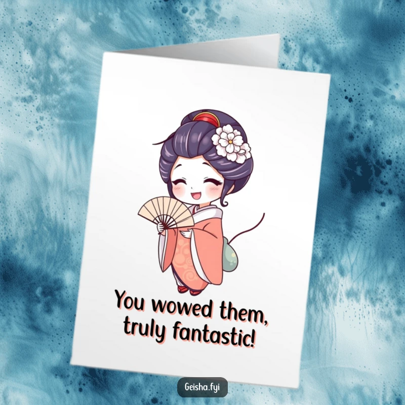 Funny Free Printable Congratulations Card: A delighted geisha gracefully holds a fan, marking an occasion.