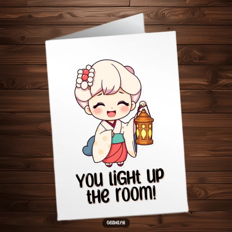 Funny Free Printable Congratulations Card: A geisha holds a lit lantern, casting a warm glow on a joyful, laughing face.