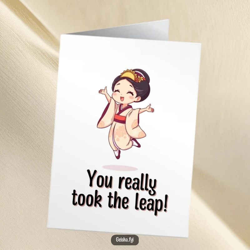Funny Free Printable Congratulations Card: A geisha does a tiny, joyful leap, celebrating a great achievement.