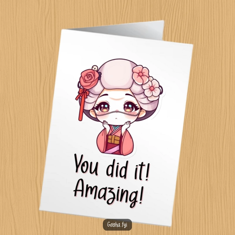 Funny Free Printable Congratulations Card: A geisha character making an amusing, funny face peeking from behind a delicate mask. Downloadable art.