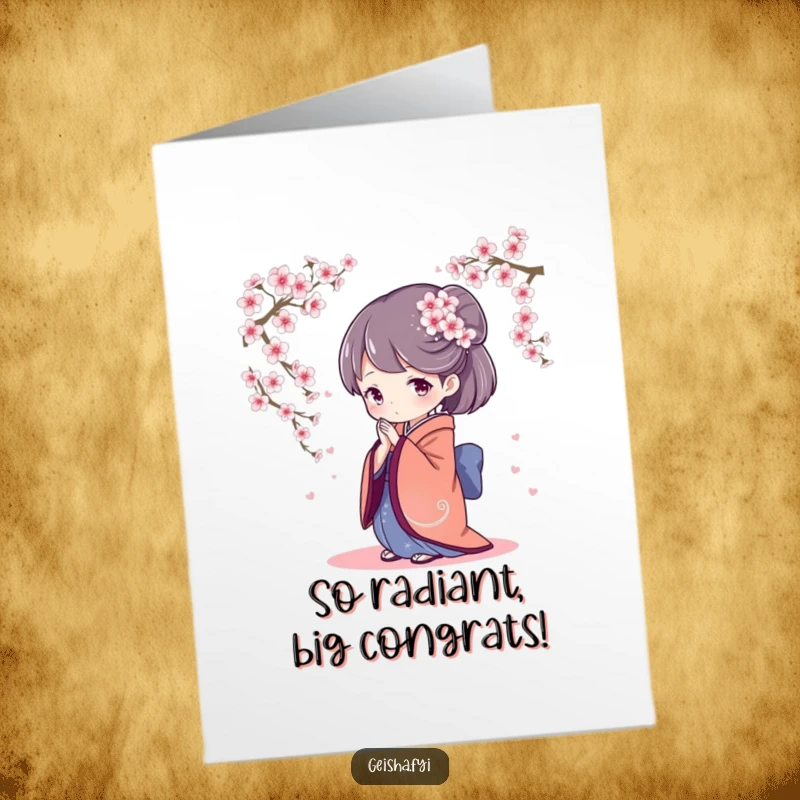 Elegant Free Printable Congratulations Card: a geisha character bows gracefully surrounded by cherry blossoms, celebrating success.
