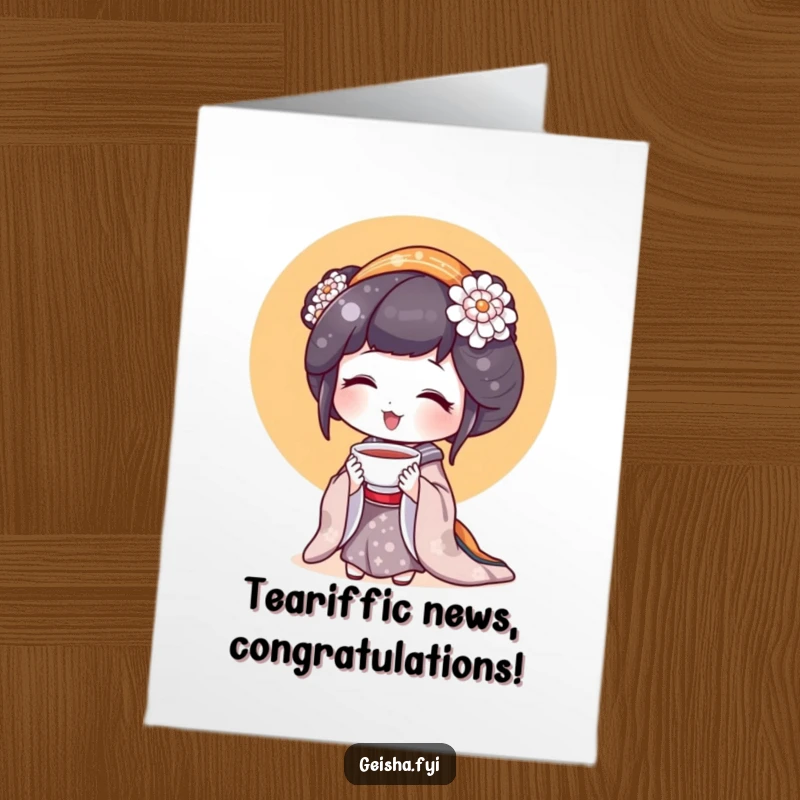 Funny Free Printable Geisha Congratulations Card: A geisha looks joyfully at a tiny teacup, celebrating a wonderful success.