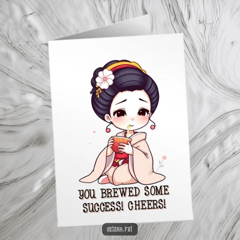 Funny Free Printable Congratulations Card: an elegant geisha delicately sips tea, conveying congratulations with a subtle humorous touch.