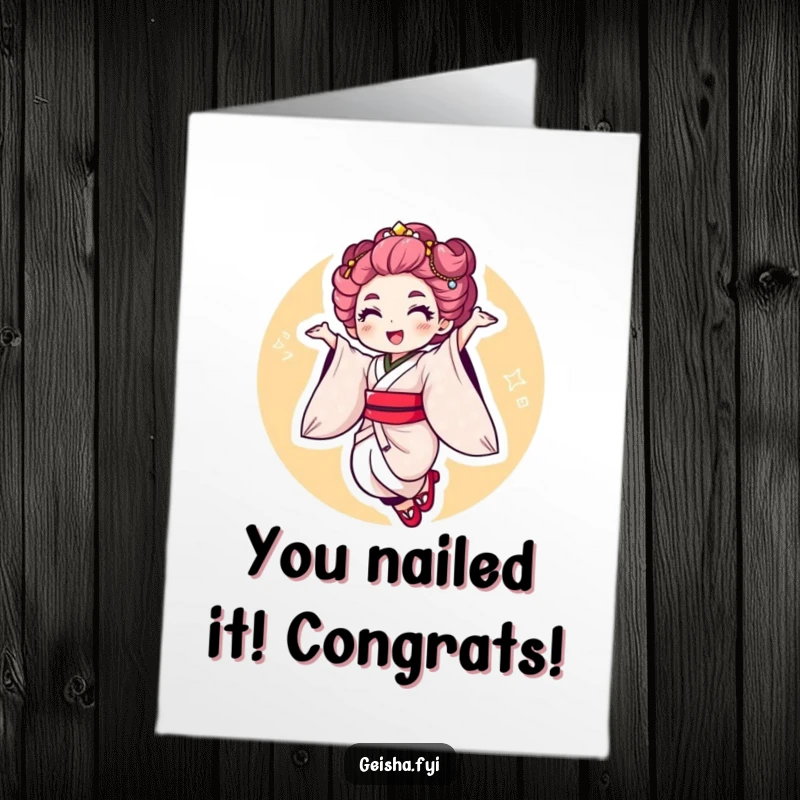 Funny Free Printable Congratulations Card: Geisha character in a cheerful, energetic jump with a flourish, celebrating achievements.