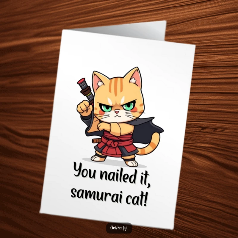 Free Printable Congratulations Card: A determined samurai cat striking a heroic pose, celebrating a significant victory.
