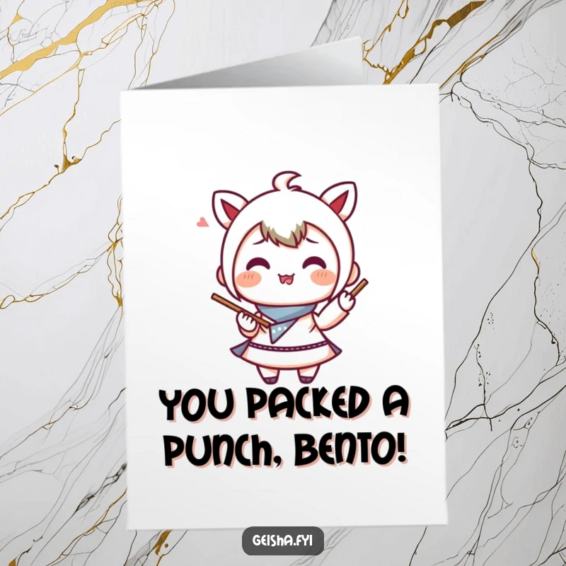 Free Printable Congratulations Card: A gleeful bento box character expertly juggling chopsticks, celebrating a success.