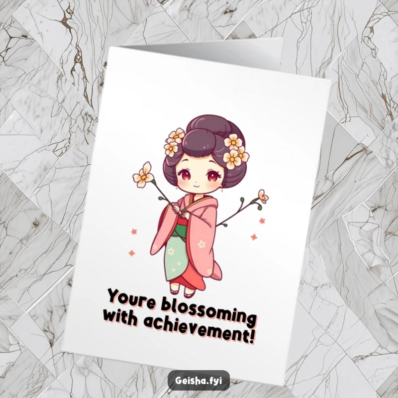Funny Free Printable Congratulations Card: A geisha strikes a graceful, whimsical pose with a beautiful flower.