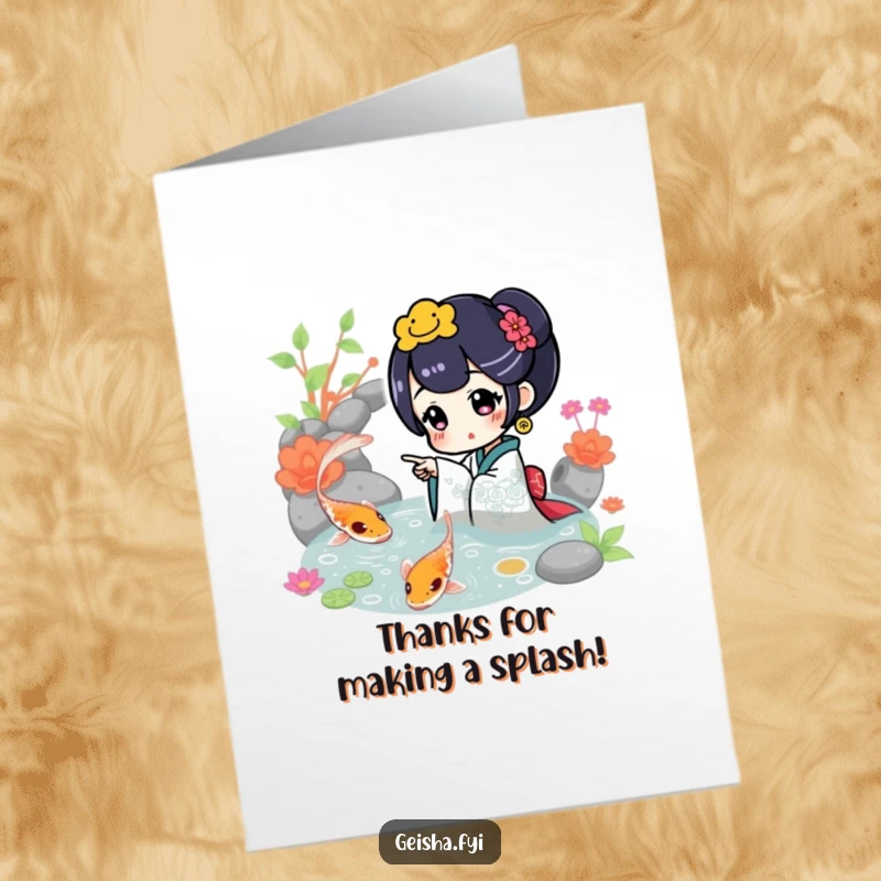 Funny Free Printable Thank You Card: A geisha points excitedly to a shimmering koi fish, a beautiful symbol of gratitude.
