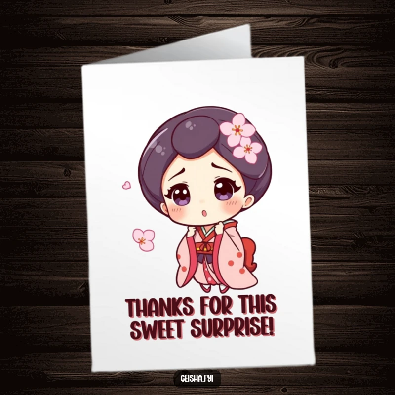 Funny Free Printable Geisha Thank You Card: Geisha surprised by a falling cherry blossom, a funny way to thank someone.