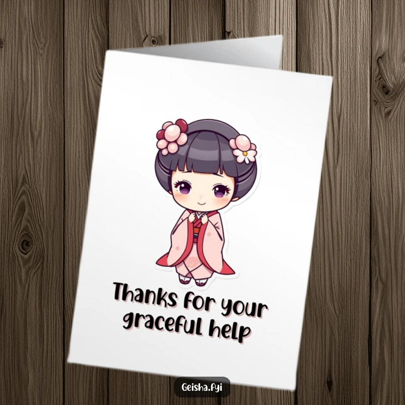 Free printable thank you card featuring a geisha bowing with a genuine cheerful smile, expressing thanks with politeness and grace.