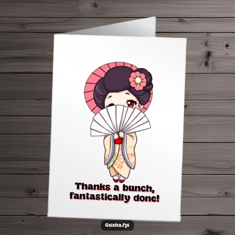 Funny Free Printable Geisha Thank You Card: Elegant geisha holding fan, a humorous way to say thanks.