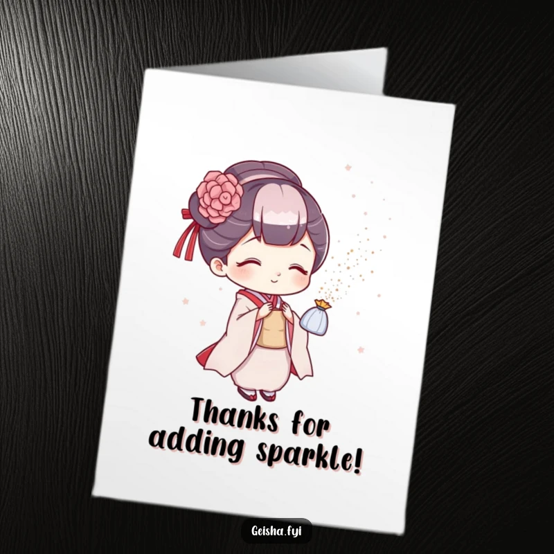 Funny Free Printable Geisha Thank You Card: Geisha sprinkling glitter, a sparkly and humorous way to express gratitude.