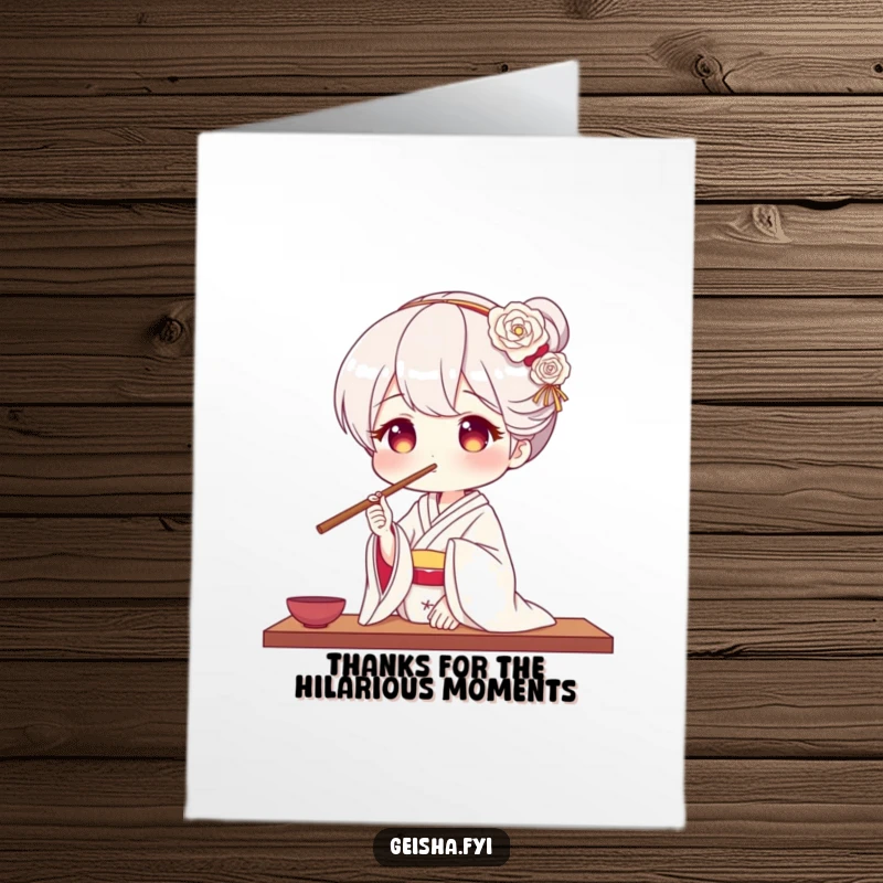 Funny Free Printable Thank You Card: A geisha character humorously balancing chopsticks right on the tip of her nose. Downloadable fun.