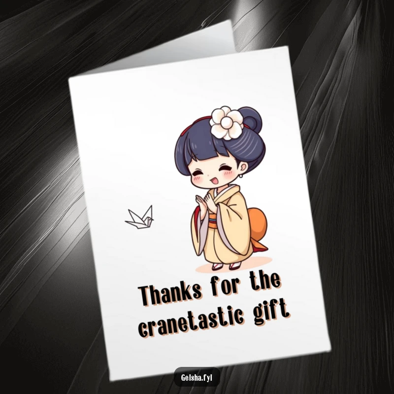 Funny Free Printable Geisha Thank You Card, clapping with delight at a paper crane, thankful downloadable art.