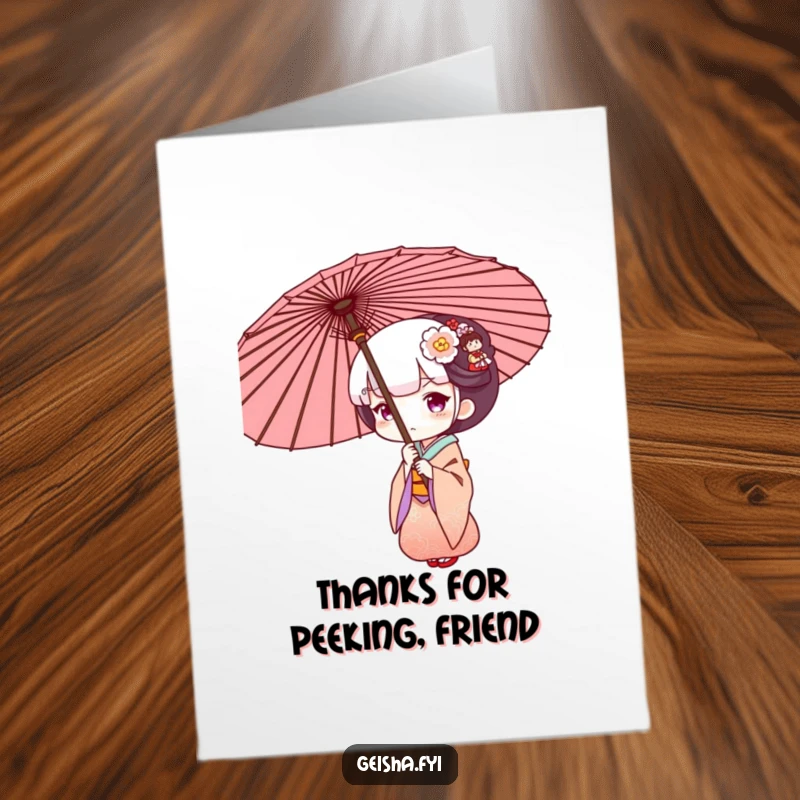 Funny Free Printable Geisha Thank You Card, peeking from an ornate umbrella, expressing gratitude downloadable art.