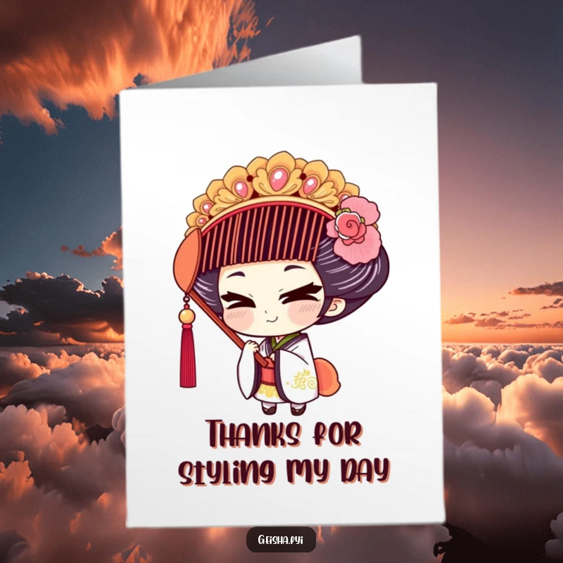 Funny Free Printable Geisha Thank You Card: A geisha with a sly smile tests an oversized, fancy comb.