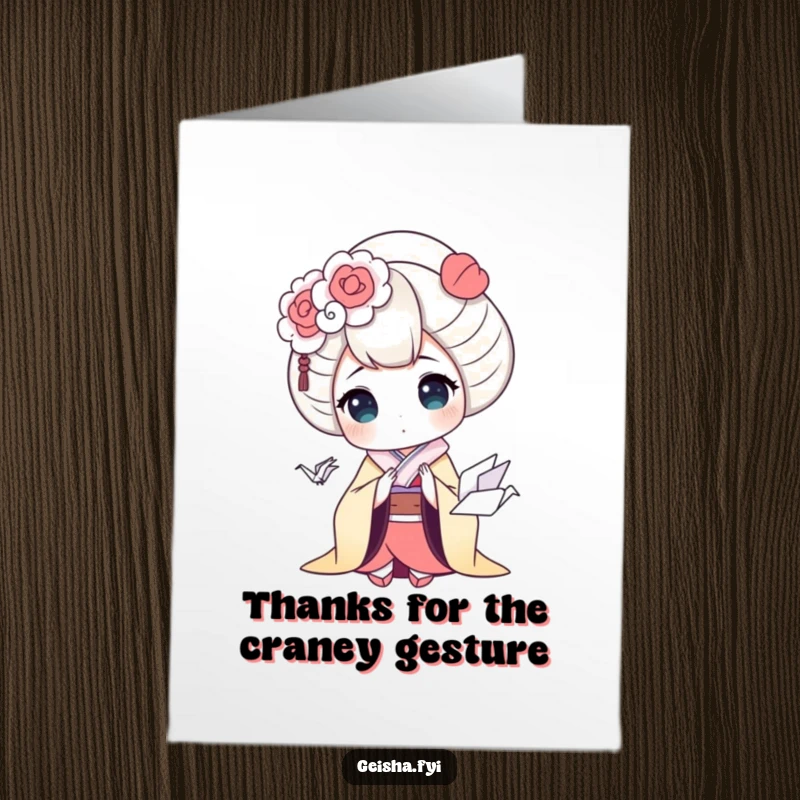 Funny Free Printable Thank You Card: A shocked geisha reacts to a tiny, cute origami crane, making thanks memorable and humorous.