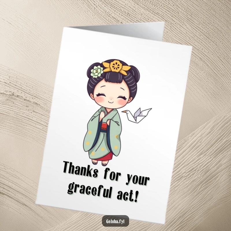 Funny Free Printable thank you card featuring a playful geisha character balancing a tiny origami crane, conveying thanks with refined elegance.