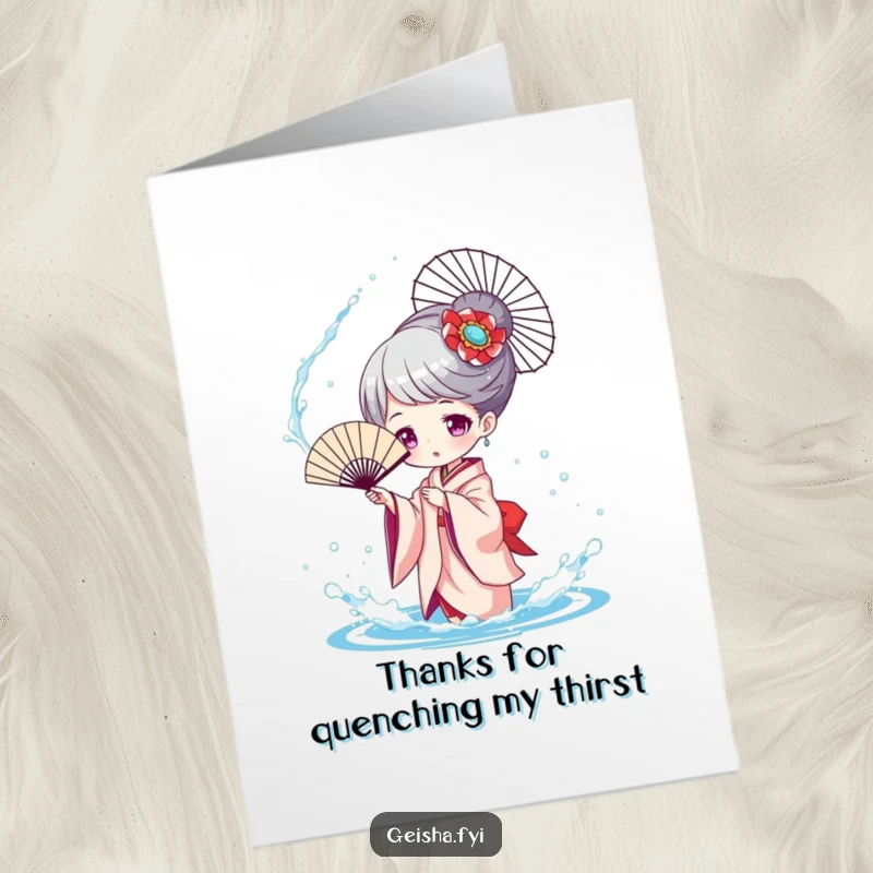 Funny free printable thank you card: a geisha character playfully splashes water with her fan, sending thanks.
