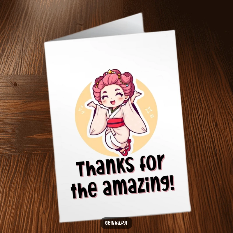 Funny Free Printable Thank You Card: Geisha character doing a cheerful, energetic jump with a flourish, expressing thanks.