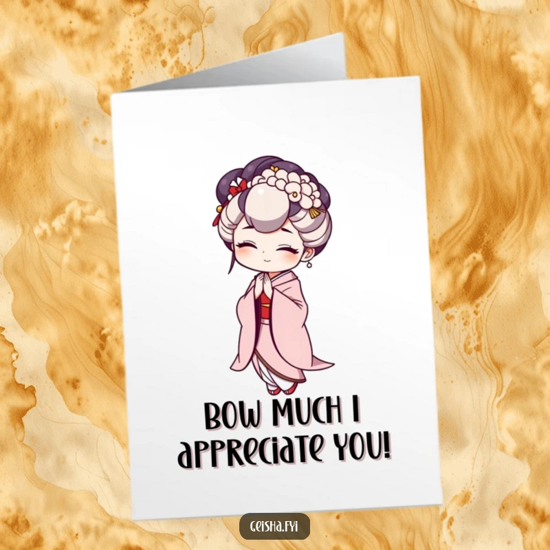 Funny Free Printable Geisha Thank You Card. A geisha character executes a comically deep and exaggerated bow, showing immense gratitude.