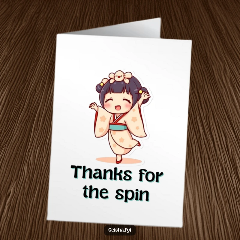 Funny Free Printable Thank You Card: Delighted Geisha Doll character doing a cartwheel, a fun way to say thank you.