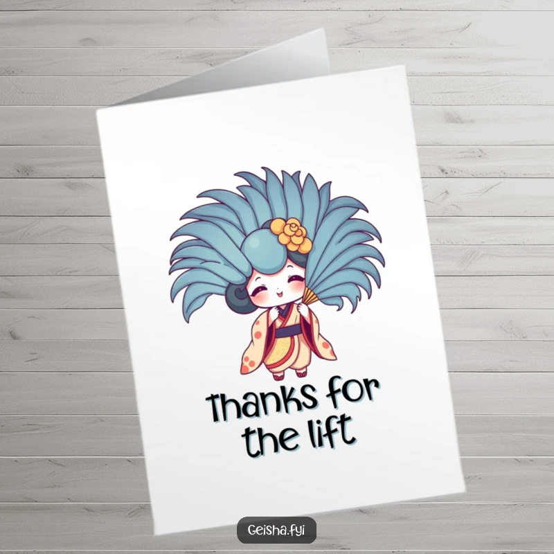 Funny Free Printable Thank You Card: A cheerful Geisha Fan using a giant feather to create a comical breeze.