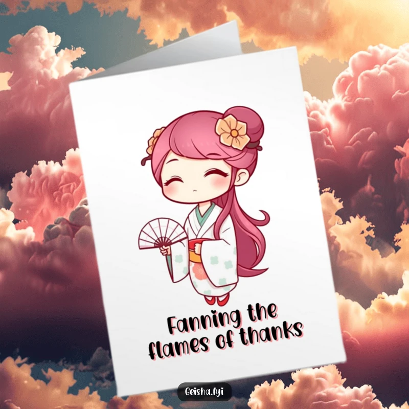 Funny free printable geisha thank you card, a winking geisha character playfully waves a fan, humorous gratitude.