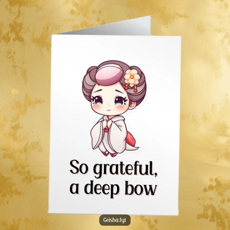 Funny Free Printable Geisha Thank You Card: Geisha character bowing cheerfully, showing sincere gratitude with a humorous touch.