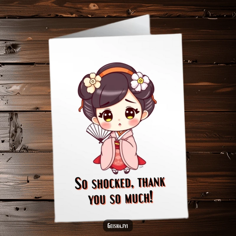 Funny free printable thank you card: a cute geisha holds an elegant fan with a surprised look.