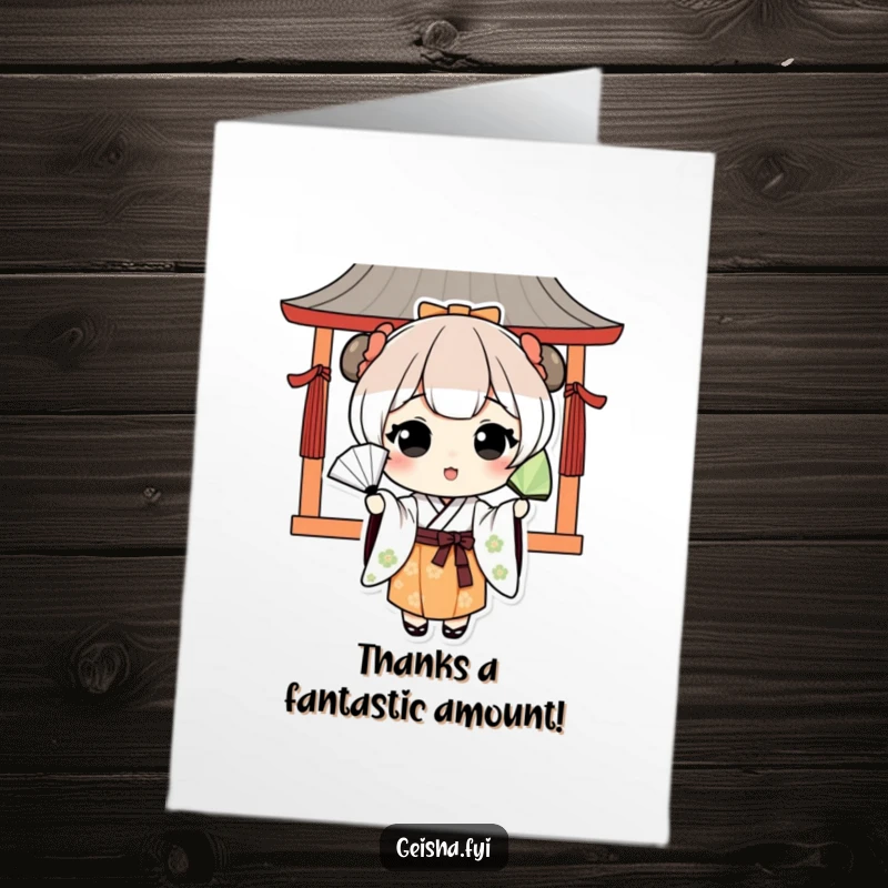 Funny Free Printable Thank You Card: Charming kawaii character in traditional Japanese attire playfully tossing a fan, expressing heartfelt thanks with grace.