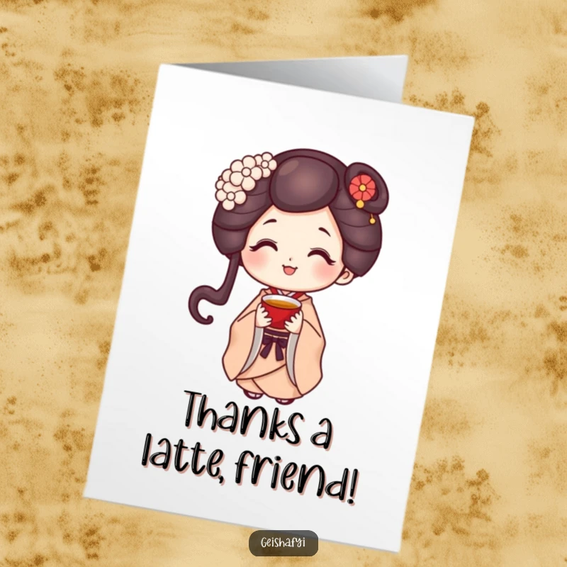 Funny Free Printable geisha offering tea for a thank you card, elegant and humorous downloadable art for appreciation.