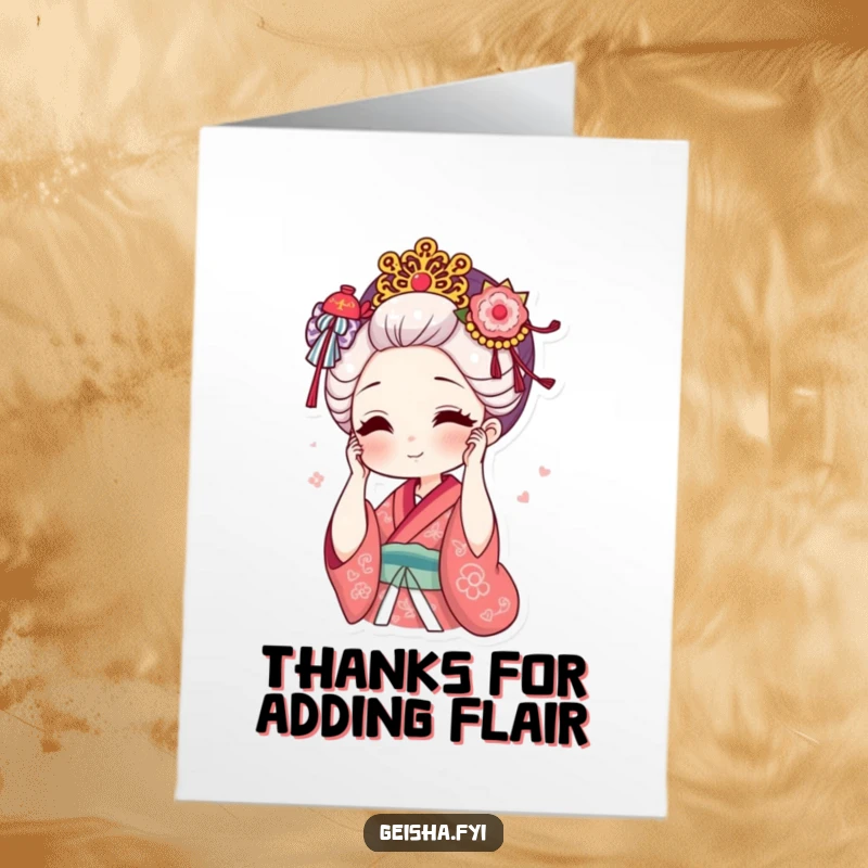 Funny Free Printable Geisha Thank You Card: geisha adjusts her ornate hair accessory with a smile, showing gratitude. Ideal DIY gift.