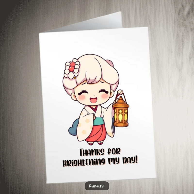 Funny Free Printable Thank You Card: A geisha holds a lantern high, illuminating a beaming, laughing face in gratitude.
