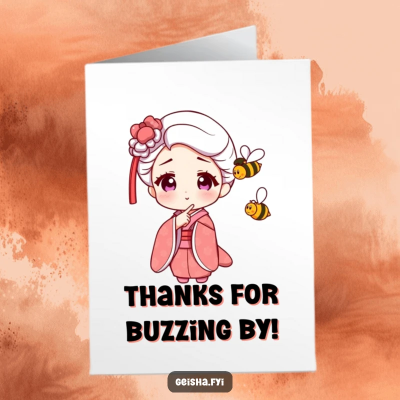 Funny Free Printable Geisha Thank You Card. A geisha character points with amused curiosity at a tiny, buzzing bee illustrating a lighthearted moment.