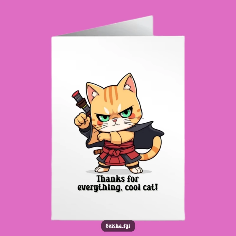 Free Printable Thank You Card: Samurai Cat Gratitude Pose, Downloadable Appreciation with Feline Flair