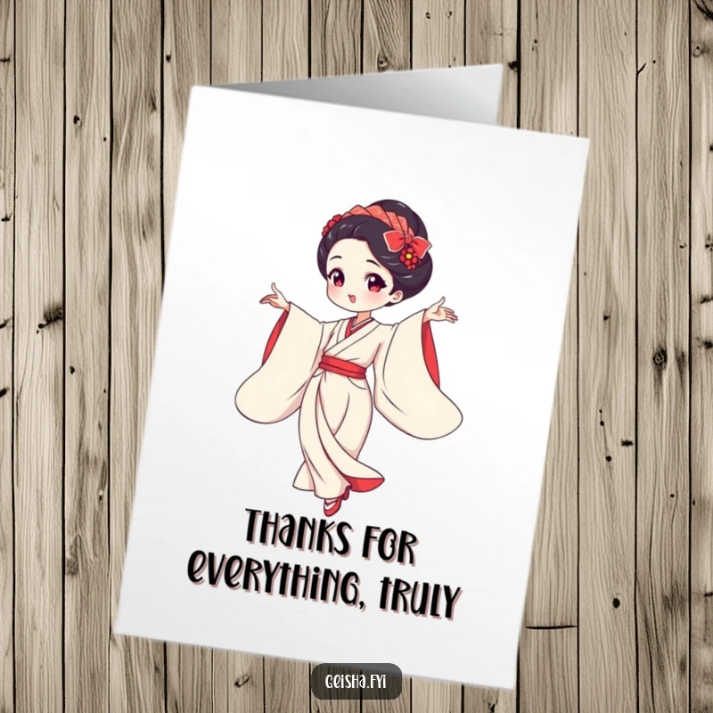 Funny Free Printable Geisha Thank You Card depicting a graceful dancer with flowing sleeves, expressing gratitude. Ideal DIY gift.